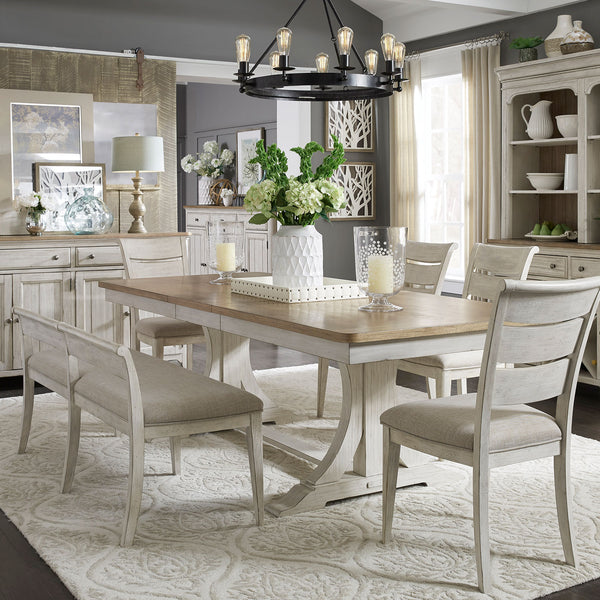 Farmhouse Reimagined Trestle Table, Bench and 4 Side Chairs ...